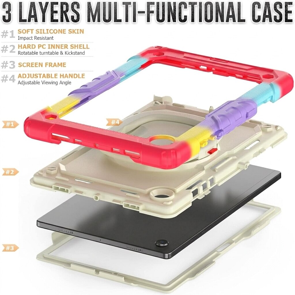 Husa tableta antisoc pentru Samsung Galaxy Tab A8 10.5 (X200/X205), maner rotativ 360°, multicolor curcubeu