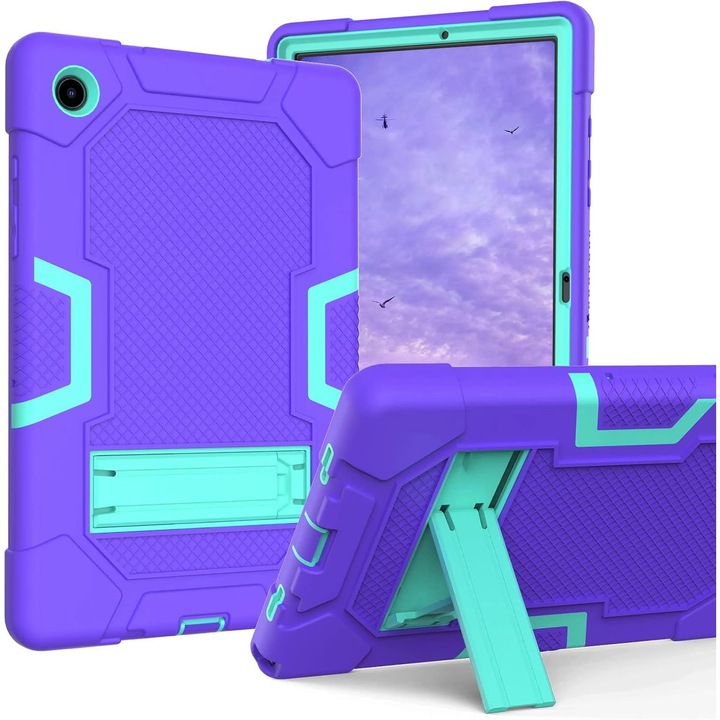 Husa tableta antisoc pentru Samsung Galaxy Tab A8 10.5 (X200/X205), suport pliabil, mov cu turcoaz