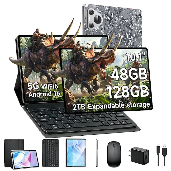 Tableta KAYCRE Tab M66, procesor octa-core, ecran IPS HD de 10, 1 inch, livrata cu tastatura si stylus, 48 GB (6+42 ) RAM+128GB ROM, baterie mare de 8000 mAh, Android 15, WiFi，dual 4G SIM，Gri