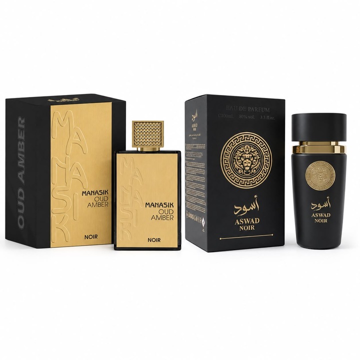 Set cadou 2 parfumuri arabesti Manasik, Oud Amber Noir si Aswad Noir, Eau de Parfum, Unisex, 2 x 100 ml