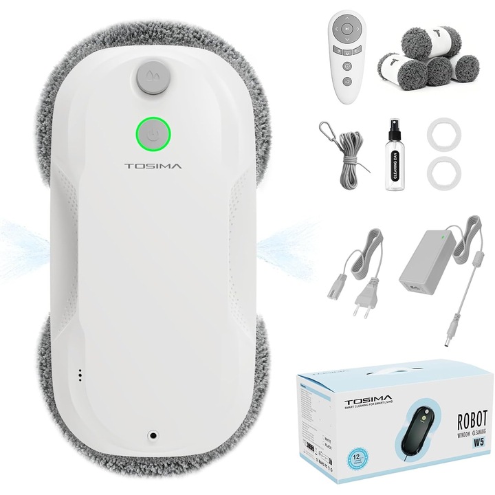 Tosima W5 Robot autonom curatare geamuri, Smart Window Robot, adaptiva 6400Pa, pulverizare automata, sistem triplu de siguranta, navigare inteligenta, telecomanda, pentru suprafete netede, alb