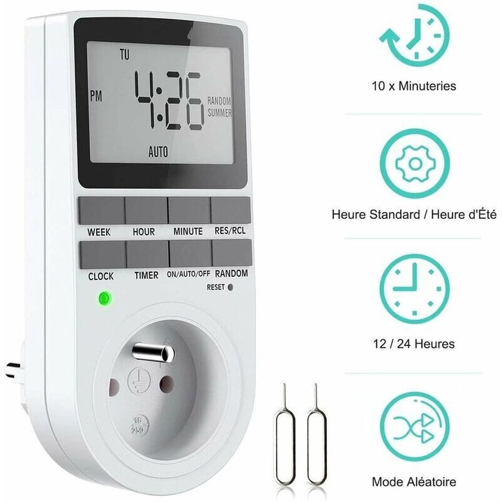 Priza programabila 260815BM1764, minuterie digitala saptamanala cu ecran LCD, 230 V, 16 A (3680 W), 10 programe/zi, baterie NiMH >100 h, mod aleator, priza tip E, alb