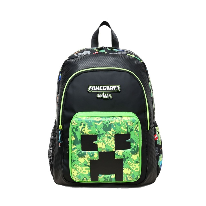 Iskolatáska, Pan i Pani Gadżet, Minecraft, fekete, elülső zseb Creeper mintával, 30x15x42cm