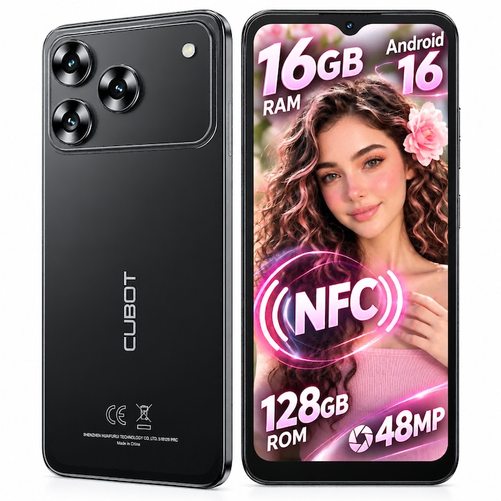 Telefon mobil CUBOT A50,16GB+128GB+1TB,6,58 inci HD+ 1080*2408 (FHD+),48MP+16MP+2MP, Unisoc T620 Octa-Core, Baterie 5000mAh, Android 16, NFC/Dual 4G SIM/GPS/Identificare faciala/BT 5.0/OTG, Suporta deblocare prin amprenta, negru