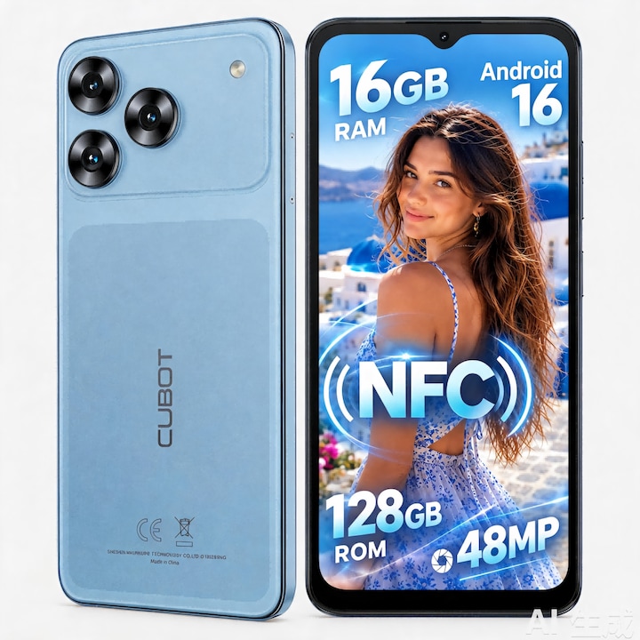 Telefon mobil CUBOT A50,16GB+128GB+1TB,6,58 inci HD+ 1080*2408 (FHD+),48MP+16MP+2MP, Unisoc T620 Octa-Core, Baterie 5000mAh, Android 16, NFC/Dual 4G SIM/GPS/Identificare faciala/BT 5.0/OTG, Suporta deblocare prin amprenta, albastru