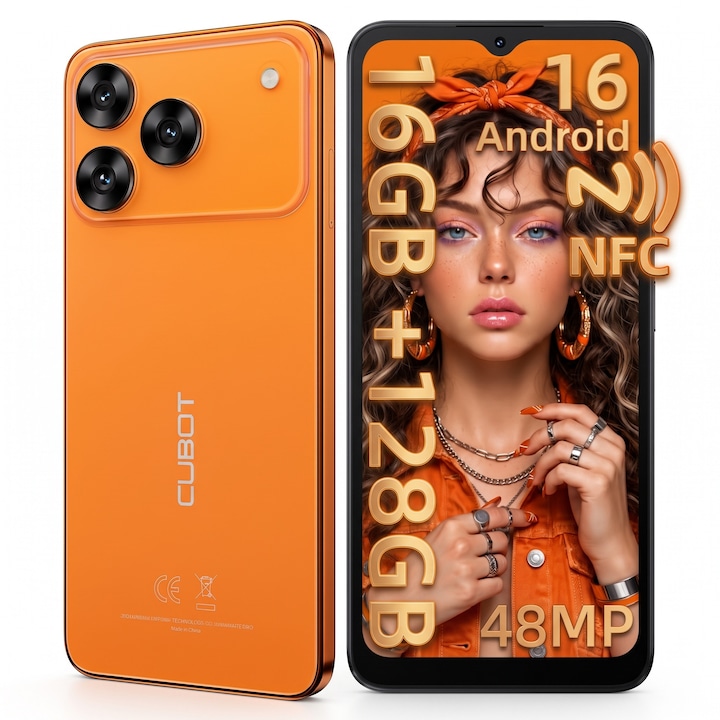 Telefon mobil CUBOT A50,16GB+128GB+1TB,6,58 inci HD+ 1080*2408 (FHD+),48MP+16MP+2MP, Unisoc T620 Octa-Core, Baterie 5000mAh, Android 16, NFC/Dual 4G SIM/GPS/Identificare faciala/BT 5.0/OTG, Suporta deblocare prin amprenta, portocalie