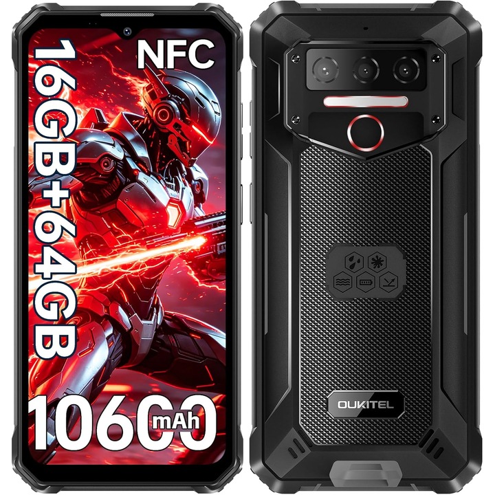 Telefon robust OUKITEL WP23 S, 16GB+64GB, ecran HD 6,52", 13MP, Android 15, octa-core, baterie 10600mAh, dual SIM 4G, GPS, OTG, NFC, amprenta. IP68/IP69K + MIL-STD-810H – rezistent la apa, praf si caderi. Negru