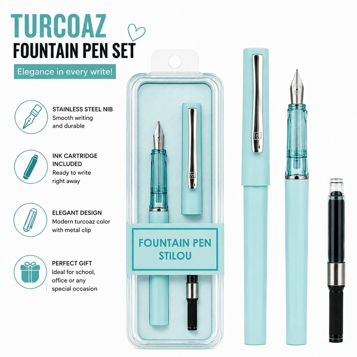 Türkiz töltőtoll készlet tintával, fém heggyel, elegáns testtel, fém klipszel, iskolába, irodába és mindennapi íráshoz
