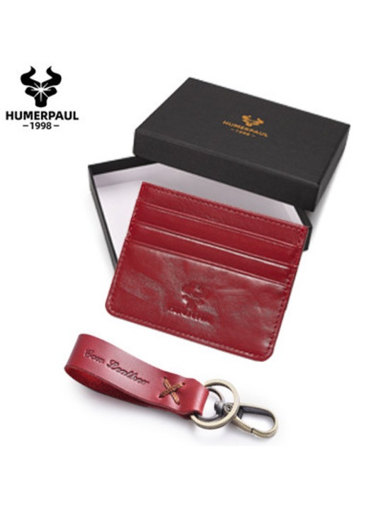 HUMERPAUL, мъжки портфейл, държач за карти, лек държач за карти, подходящ за карти, лични карти и шофьорски книжки, може да побере 4 карти, червен, кожен държач за карти