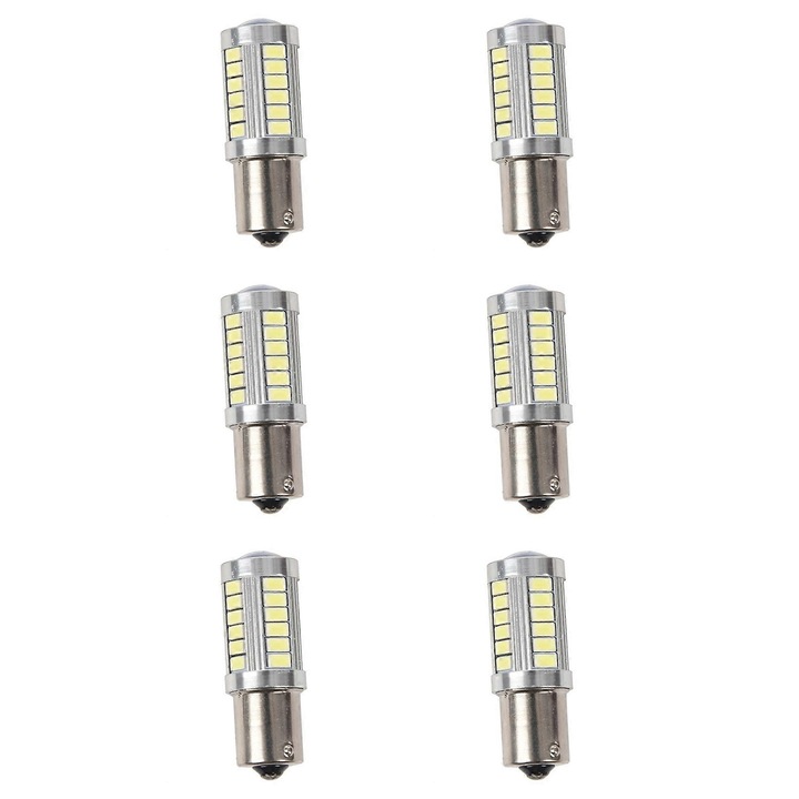 LED autó izzó 1156 P21W BA15S E35-A116-E35-0190-CJ, 33 LED lencsével, 600 lm, 12V, fehér, ezüst test, 6 db, 18.5x52 mm
