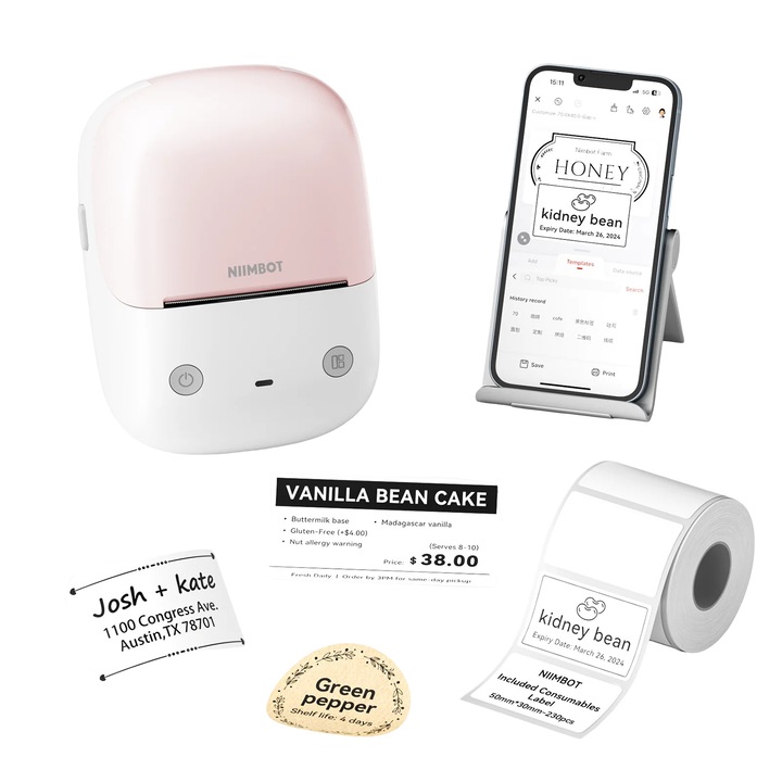 NIIMBOT B2 Pro termikus címkenyomtató, öntapadó címkékhez, gyors tintamentes nyomtatás, Bluetooth kapcsolat, kompakt, rózsaszín