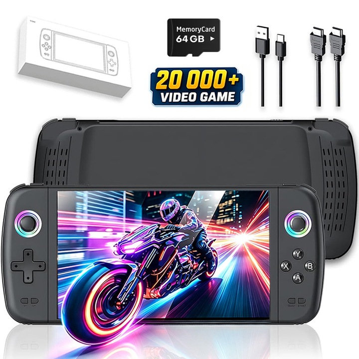 Consola de Jocuri Portabila, Yulinland, 20.000+ Jocuri incorporate, Ecran LCD HD 7 inch, Quad-Core RK3566, card sd inclus 64GB, Joystick-uri 3D iluminate, Baterie 4000mAh, Emulatoare Multiple, Negru