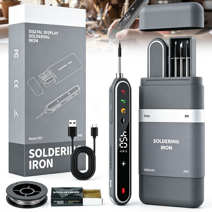 Set pistol de lipit wireless portabil, DONFANLIA, 3 capete de lipit, Fier de Lipit Inteligent, Ecran LCD, Ajustare Temperatura Maxim 450°C/842°F, 1600mAh, Type-C, Cositor, Suport, Rosin Core, Trusa Organizator, Gri