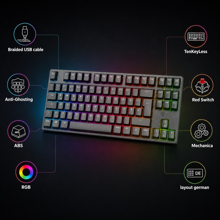 Механична гейминг клавиатура MGG, RGB, червени суичове, специализиран софтуер, немска подредба DE, плетен USB кабел, TKL, Anti-Ghosting, ABS, черна