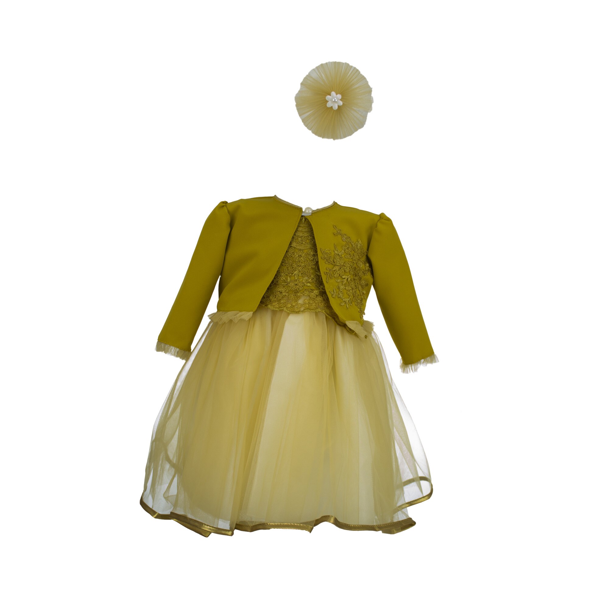 Rochie culoare mustar pentru botez cu bentita si bolero, varsta 3-6 luni