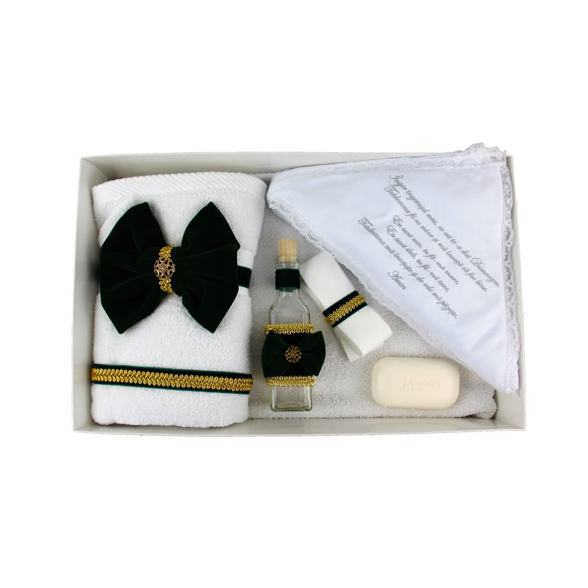 Trusou cu rugaciune si catifea verde, pentru botez fete-baieti