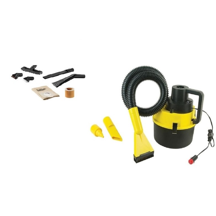 Aspirator KlaussTech portabil , putere turbo , iesire 12 v , culoare galben si negru , cu alimentare la bricheta auto .