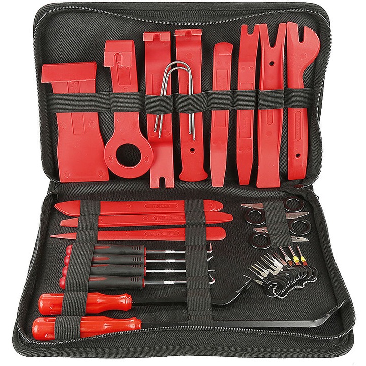 Kit demontare garnituri auto 35 piese 260815BM9644, instrumente POM si nylon cu extractoare metalice, sac de depozitare Oxford rosu