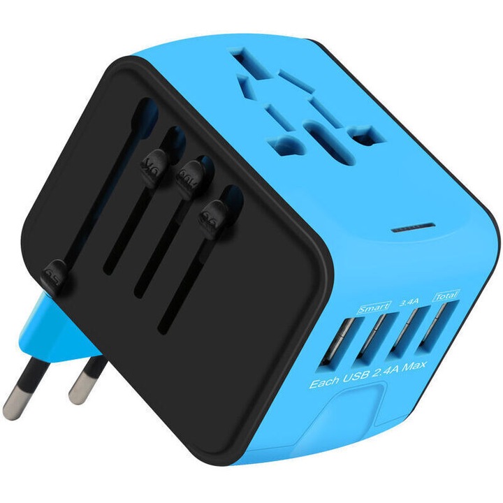 Adaptor de calatorie universal 260815BM3554, 4 porturi USB 5V 2.4A pe port, prize interschimbabile pentru >150 de tari, protectie 6A si supratensiune, negru/albastru, 6,7 x 5 x 5,2 cm