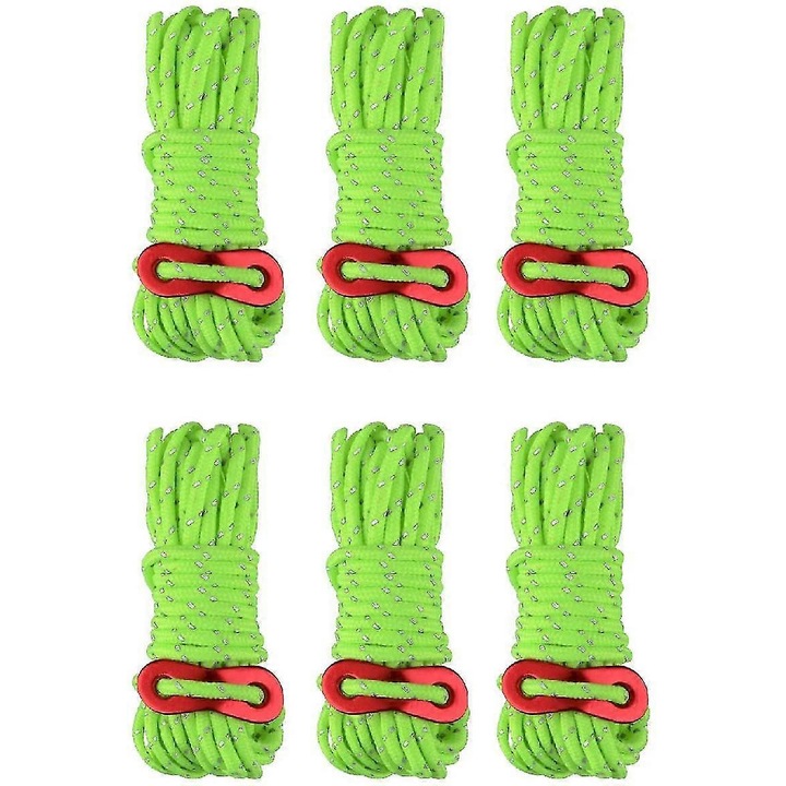 6 db fényvisszaverő sátorkötél szett, poliészter nylon maggal, alumínium feszítővel, neon zöld