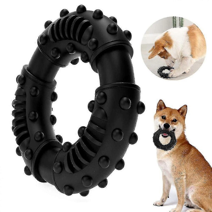 Jucarie pentru caini, inel din cauciuc natural rezistent la muscaturi cu texturi pentru curatarea dintilor, negru, O13,2 cm, 4 cm grosime