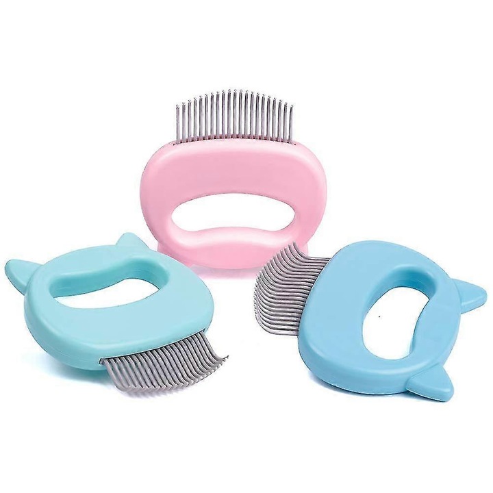 Állatszőr eltávolító kefe, masszírozó és fésülő, ergonomikus fogantyú, fém fogak, rózsaszín/kék, 3 db-os szett.