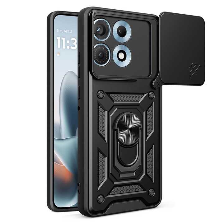 Husa pentru Motorola Edge 70 Max Ring Armor Kickstand Tough Rugged Cover cu protectie camera, negru