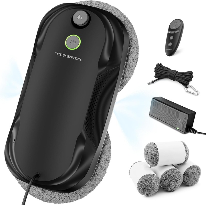 Tosima W5 Robot autonom Curatare Geamuri, Smart Window Robot, adaptiva 6400Pa, Pulverizare automata, Sistem triplu de Siguranta, Navigare inteligenta, Telecomanda, pentru Suprafete netede, Negru