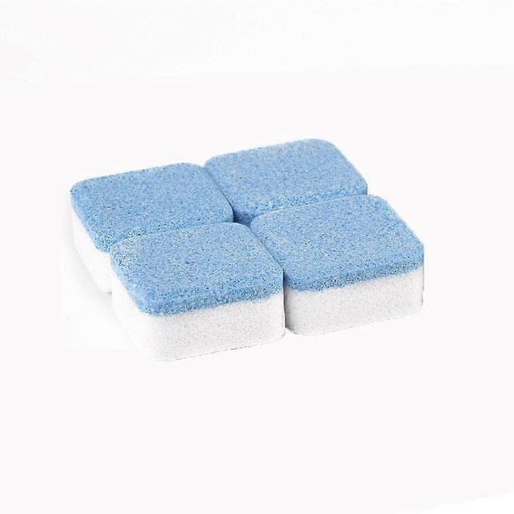 Tablete efervescente pentru curatarea masinii de spalat FU-K027620260817-6294, activate cu oxigen, dezinfectante, curatare profunda, 4 buc., 15 g/buc., albastru/alb, compatibile frontale si cu incarcare verticala