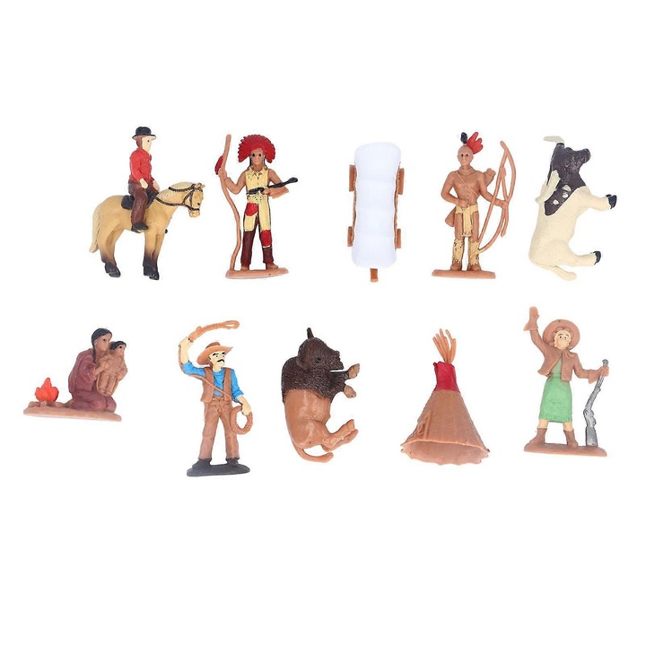10 darabos cowboy és indián figura készlet PVC-ből, kézzel festett, többszínű, FU-K027620260817-5543