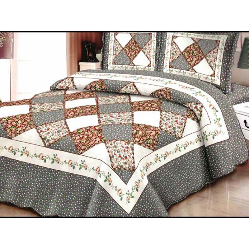 Cuvertura de pat din finet , imprimata, 3 piese , culoare gri