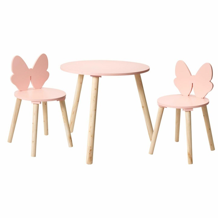 Set masa si 2 scaune pentru copii HowHomely Butterfly, MDF si lemn de pin, roz, model 5907600459366