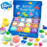Set 12 bombe de baie efervescente Solvero® pentru copii, cu jucarie surpriza, set 12 buc, 60g fiecare, spuma naturala, 12 arome si jucarii diverse, bile baie efervescente cu animale marine, pentru fete si baieti, gift box, 720g