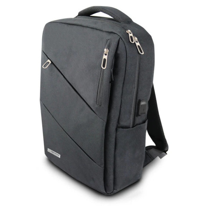 Rucsac Laptop, Compartiment Laptop 15.6 inch, USB, 2 Buzunare Laterale, Spate si Bretele Captusite, 49 x 37 x 9.5 cm, Poliester 300D, Negru