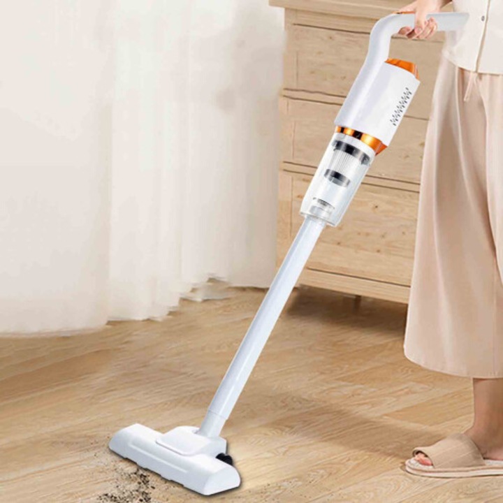 Aspirator vertical portabil OB-k0509--260817-1313, fara fir, 45W, baterie 7.4V 1500mAh, putere de aspirare 4500 Pa, autonomie 15 min, incarcare 1.5 h, cu tub extensibil si set de perii, alb/portocaliu