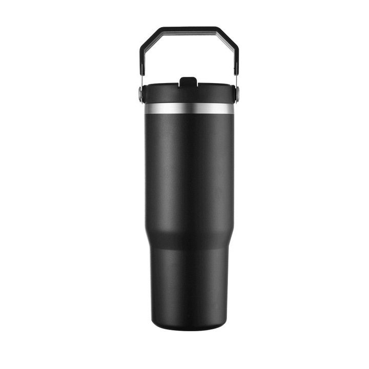 Cana termică Tumbler Pan i Pani Gadżet, 850 ml, fekete, szívószállal és fogantyúkkal