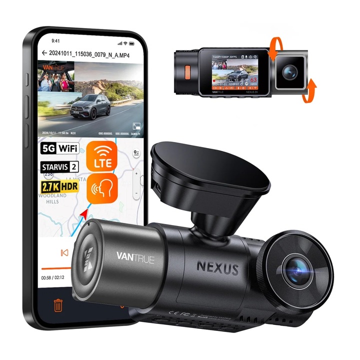 Vantrue N2X autós videokamera, 2.7K 1944P+1080P HDR, Wi-Fi, 30FPS, 2" kijelző, Mikrofon és hangszóró, Hangvezérlés, Fekete