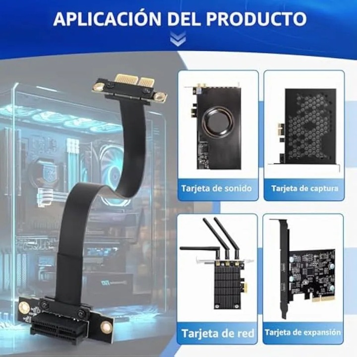 Cablu riser PCI-E 3.0 x1 K0544-26817-11-AMC, dublu unghi 90°, lungime 20 cm, compatibil PCIe 3.0/2.0/1.0, negru