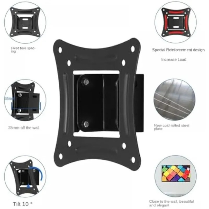 Suport de perete TV universal K0544-26817-2363-AMC, pentru 14-27 inch, fix, inclinare 10°, distanta 35 mm de perete, negru