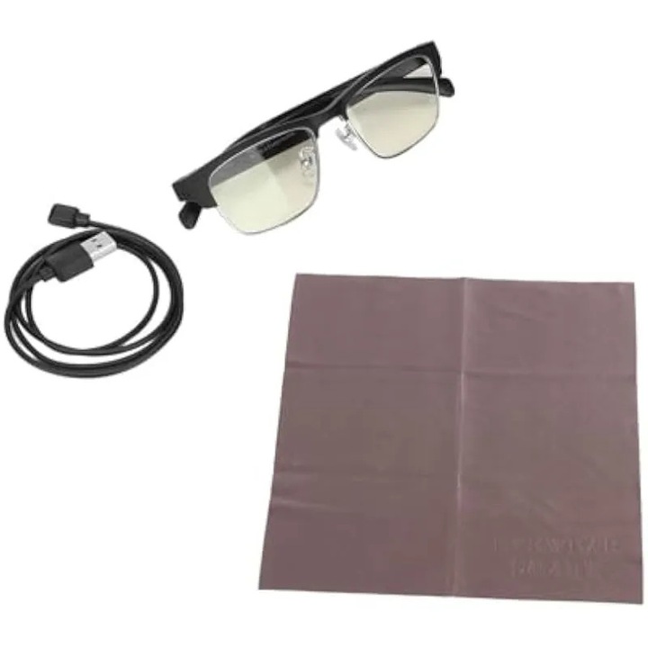 Ochelari inteligenti Bluetooth K0544-26817-3068-AMC, casti open-ear, microfon cu anulare a zgomotului, BT 5.0, lentile anti-lumina albastra si UV, cadru TR90, negru/argintiu