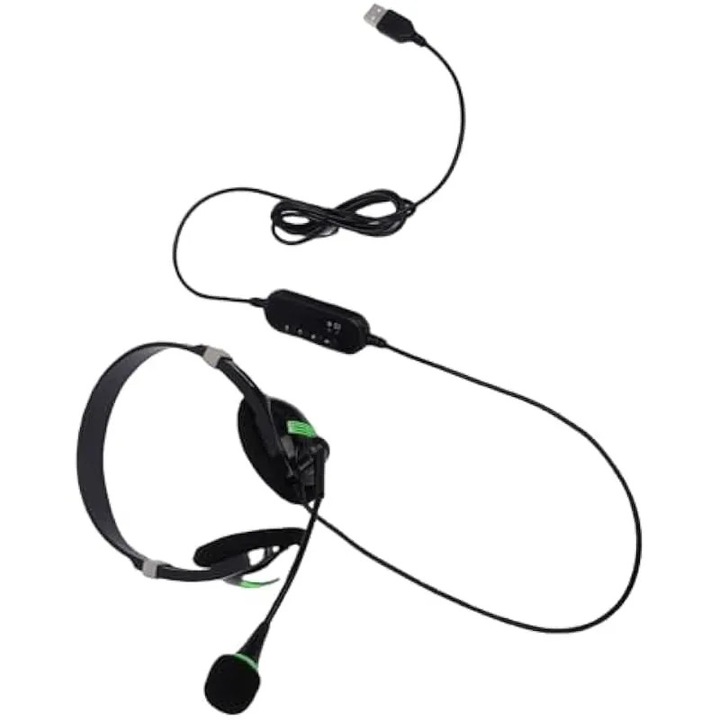 Слушалки с микрофон USB K0544-26817-3559-AMC-6, стерео HD, 40 мм говорители, микрофон с шумопотискане, вграден контрол с LED индикатор, подложки от мемори пяна, plug and play, черно/зелено