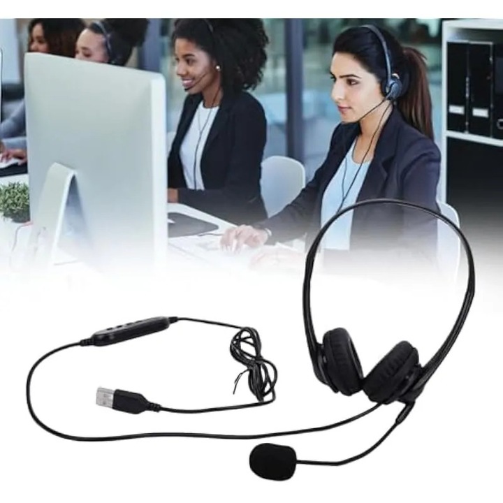 Casti USB cu microfon K0544-26817-3651-AMC, stereo, микрофон с шумопотискане, мемори пяна на наушниците, вграден контрол, plug-and-play, черен