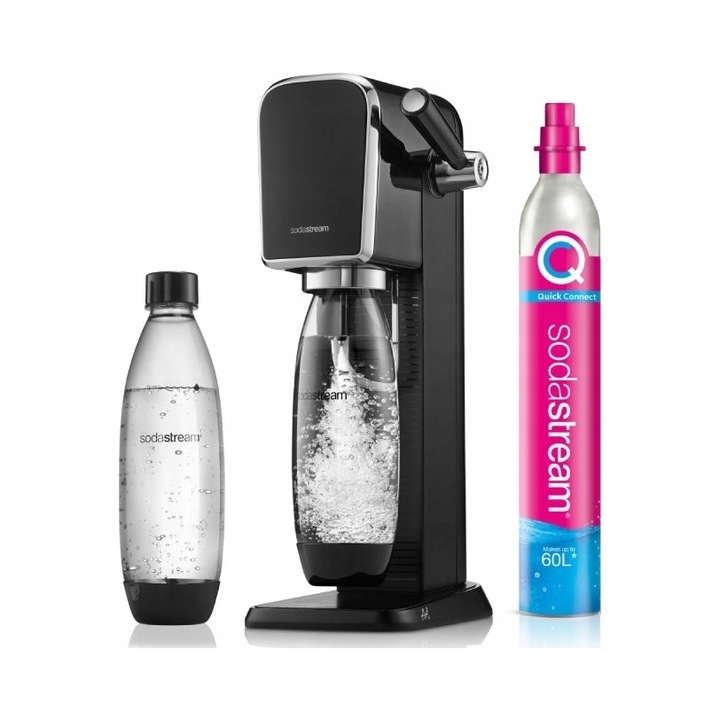 Saturator de apa SodaStream ART 0TGB5F6VNO, set cu butelie CO2 Quick Connect (pana la 60 L) si butelca Tritan FUSE 1 L, negru