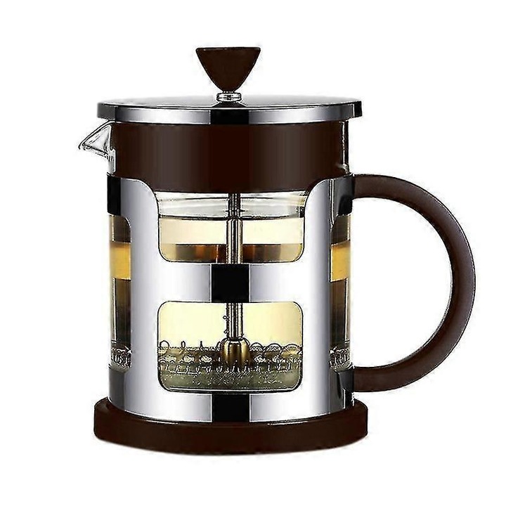 Cafetiera French press CJ-F-K0204-20260816-1-395, sticla borosilicata 600 ml, cadru inox si filtru detasabil, maro