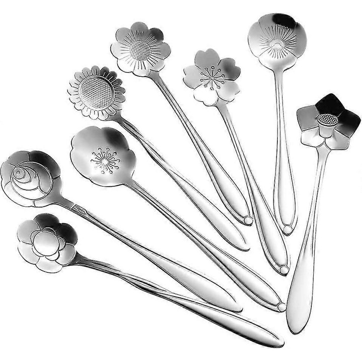 Set 8 lingurite pentru ceai din inox cu capete in forma de floare, argintiu, 12,5 cm