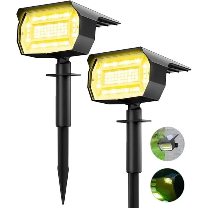 Spoturi solare pentru exterior cidiscount-xwx-260817-266, 72 LED, alb cald 3000K, baterie 1500 mAh, IP65, unghi 120°, panou solar policristalin 22% eficienta, 2 buc., negru