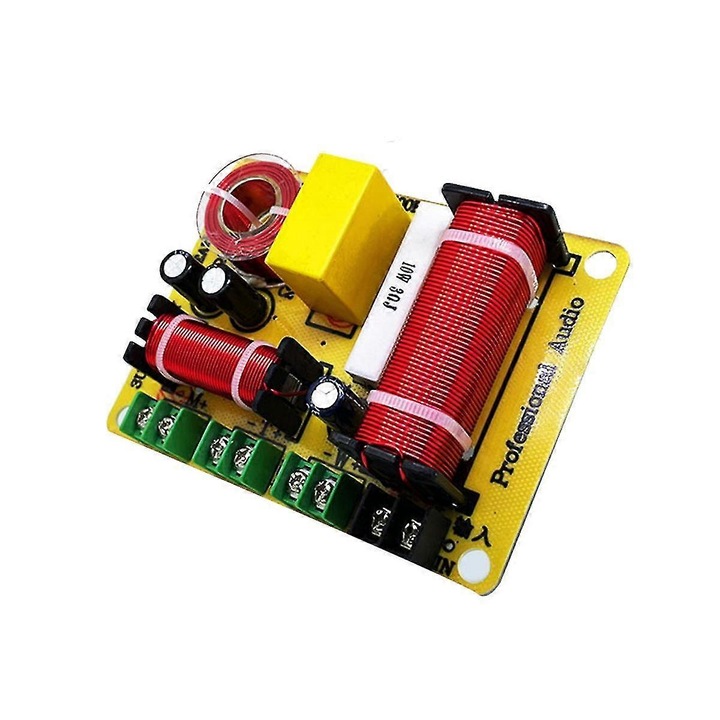Audio frekvenciaváltó 3 utas 3007B CJ-F1-K0204-20260816-1-3043, 300W, vágási pont 1500 Hz, impedancia 4-8 Ω, szűrés 12 dB/oktáv, 120 x 90 x 33 mm, sárga