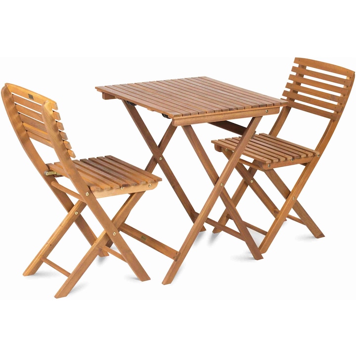 Set pilabil cu masuta si 2 scaune pentru balcon/gradina/terasa Alice Fieldmann, masa 65x65 cm, inaltime 75 cm, 2 scaune 55x40 cm, inaltime 81 cm, lemn tratat de salcam tropical