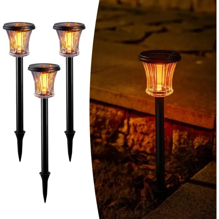 Lampa solara tip torta cidiscount-xwx-260817-200, IP65, efect flacara tremuratoare, sticla, negru, set 3