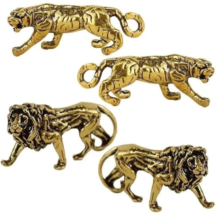 Set 4 figurine ornamentale din alama, lei si tigri sculptate, auriu
